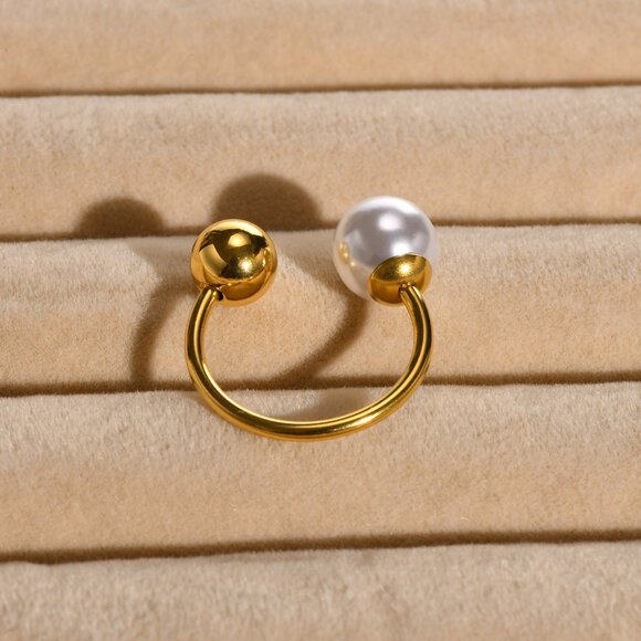 3/$35 Trendy 18K Gold Plated Tone Open Pearl & Ball Bypass Ring Adjustable Size - Picture 8 of 9
